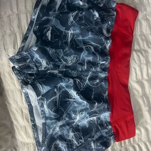 Shark Print Swim Shorts with Red Accent